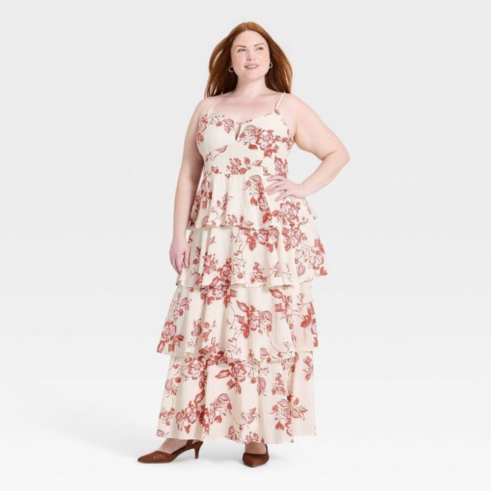 A New Day - Women's V-Neck Tiered Ruffle Maxi Dress - A New Da Cream/Brown - Picture 1 of 3
